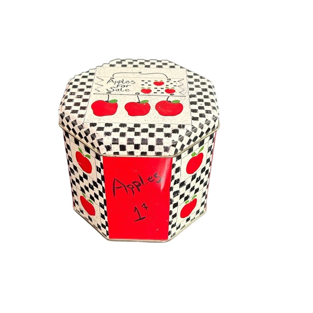 Vtg 3.75x4"Apple Tin Container 90s cottage black red white some wear- kidcore